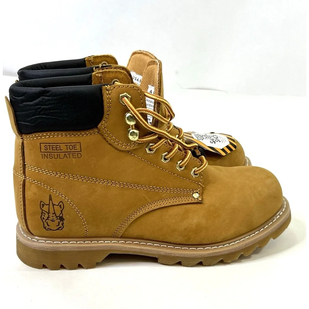 Rhino Mens Steel Toe Work Boots Size 9.5 Leather Insulated Safety Shoes Tan